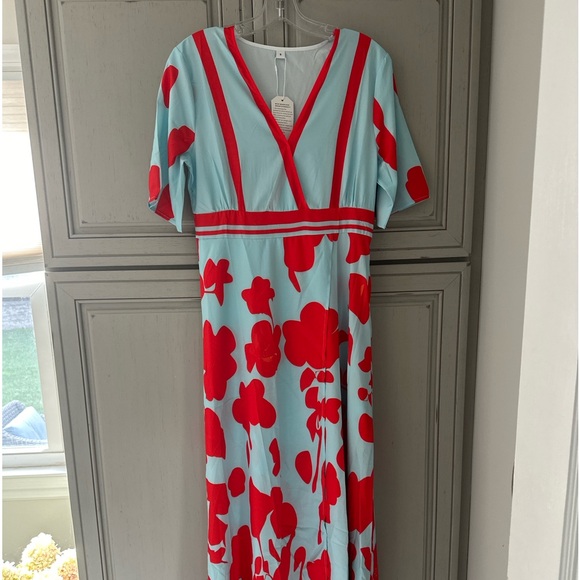 Short Sleeve Blue and Red Floral Maxi Dress - Picture 3 of 6